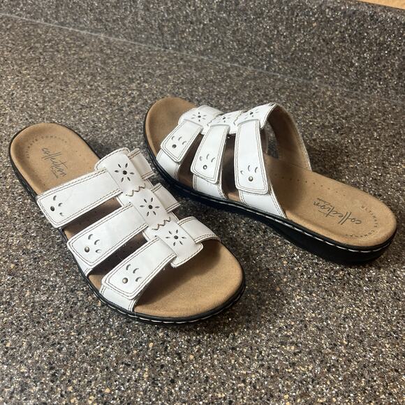 Clarks Collection Sandal Casual White Leather Slip On Open Toe Flat Womens Sz 8N - Picture 1 of 11